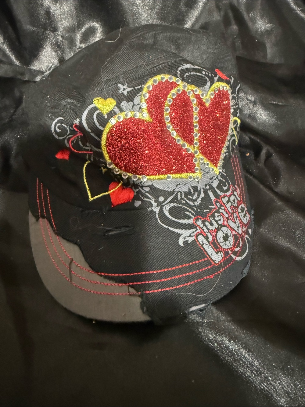 Just for Love Embellished & Distressed Hat W/ Red Glitter Hearts & Rhinestones
